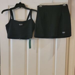 Shein Women's Black Quilted Two-Piece Mini Skirt & Crop Top Set Size: S